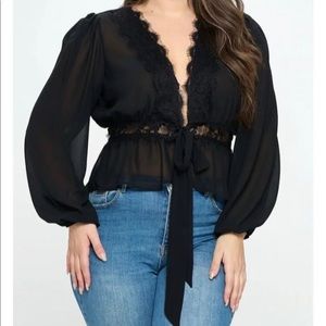 Midnight-v lace front open self tie waist shirt